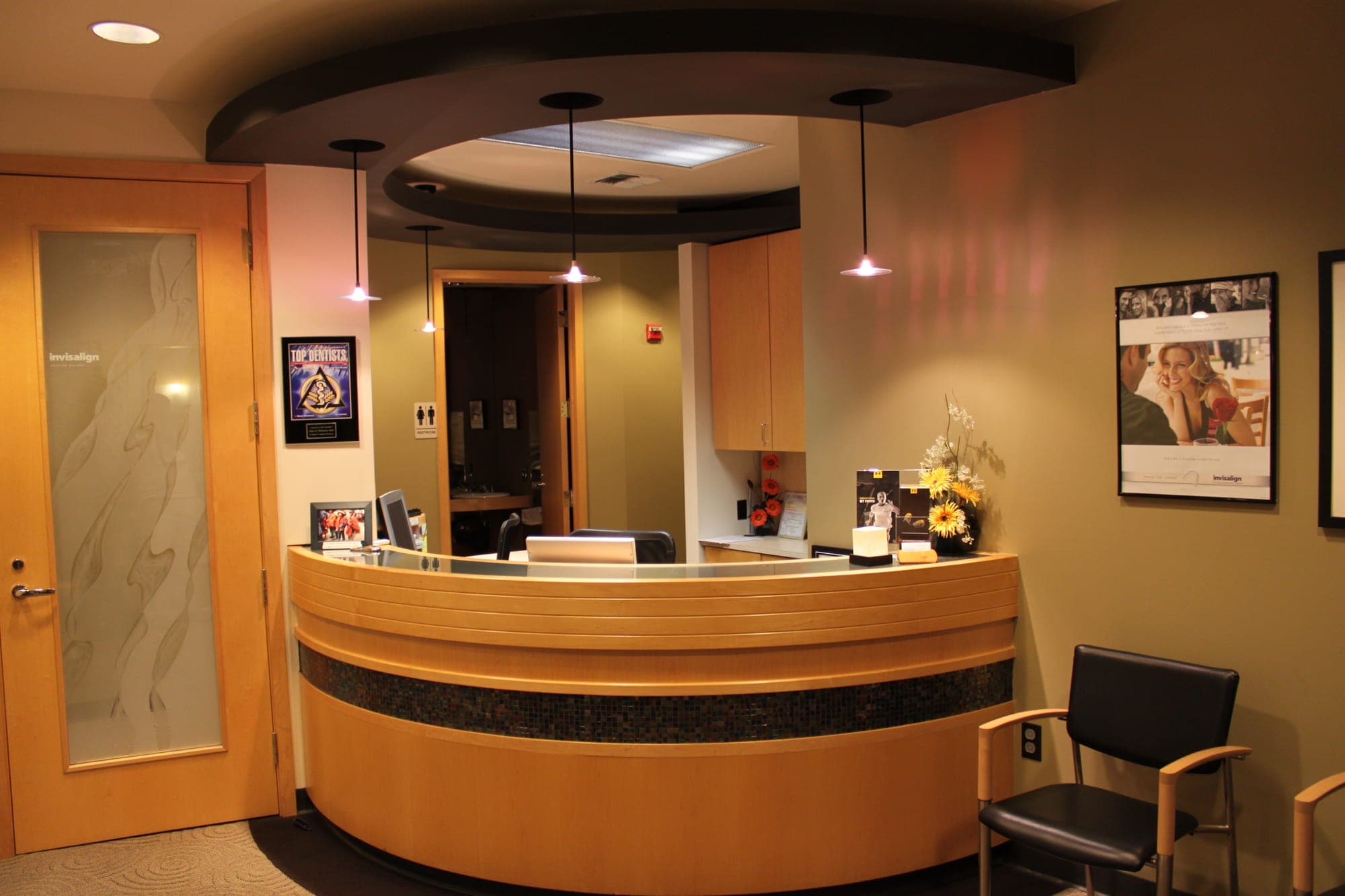 Reception desk and waiting area at Bellevue Dental Care